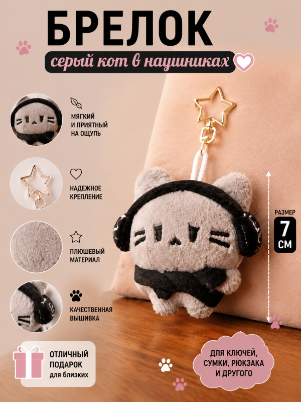 Брелок Серый кот в наушниках 
