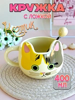 Кружка с ложкой Котик глазастый бежево-желтая мордочка - 400 мл / Бежевый,желтый